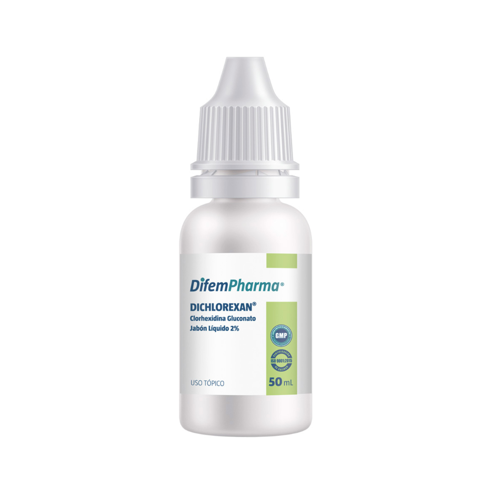 Jabón de clorhexidina 2% en frasco blanco, tapa gotero, 50 mL