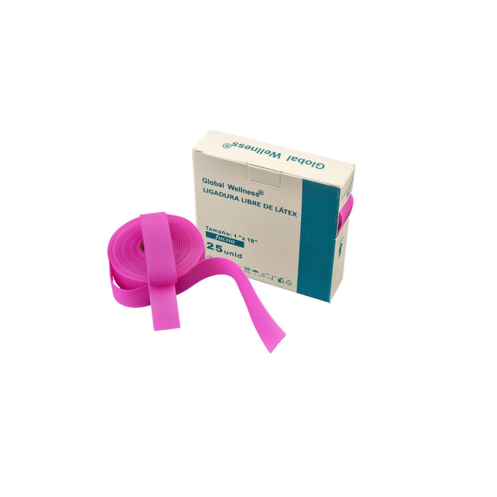 Ligadura no latex: venda elástica sin látex en rollo rosa, con caja