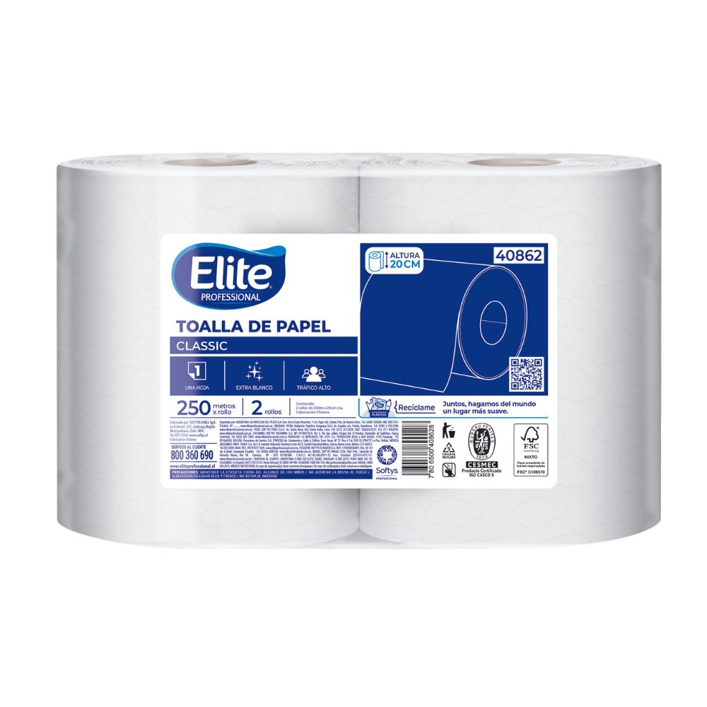 Toalla de papel Jumbo Elite 2 rollos de 250 m, tubo blanco 40862