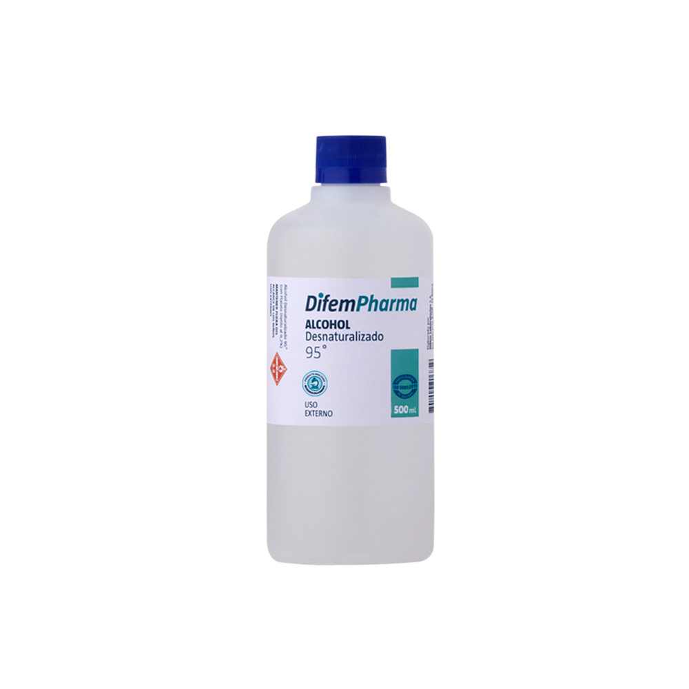 Alcohol etílico desnaturalizado 95°, botella con tapa azul DifemPharma, 500 ml