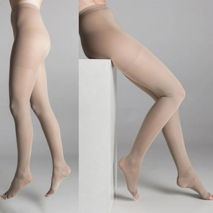 Panty de compresión con punta abierta, color beige/crema, vista lateral