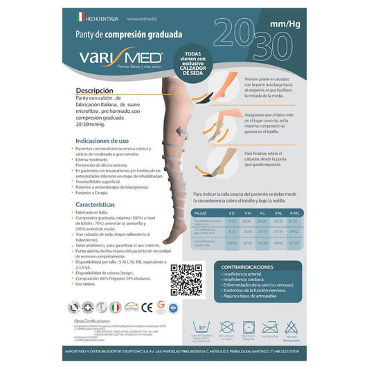 Etiqueta informativa de panty de compresión graduada con 20–30 mmHg y silueta