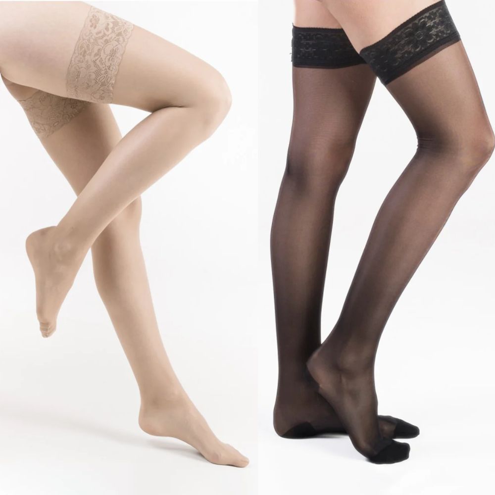 Medias de compresión con banda de encaje; tono beige y negro transparente