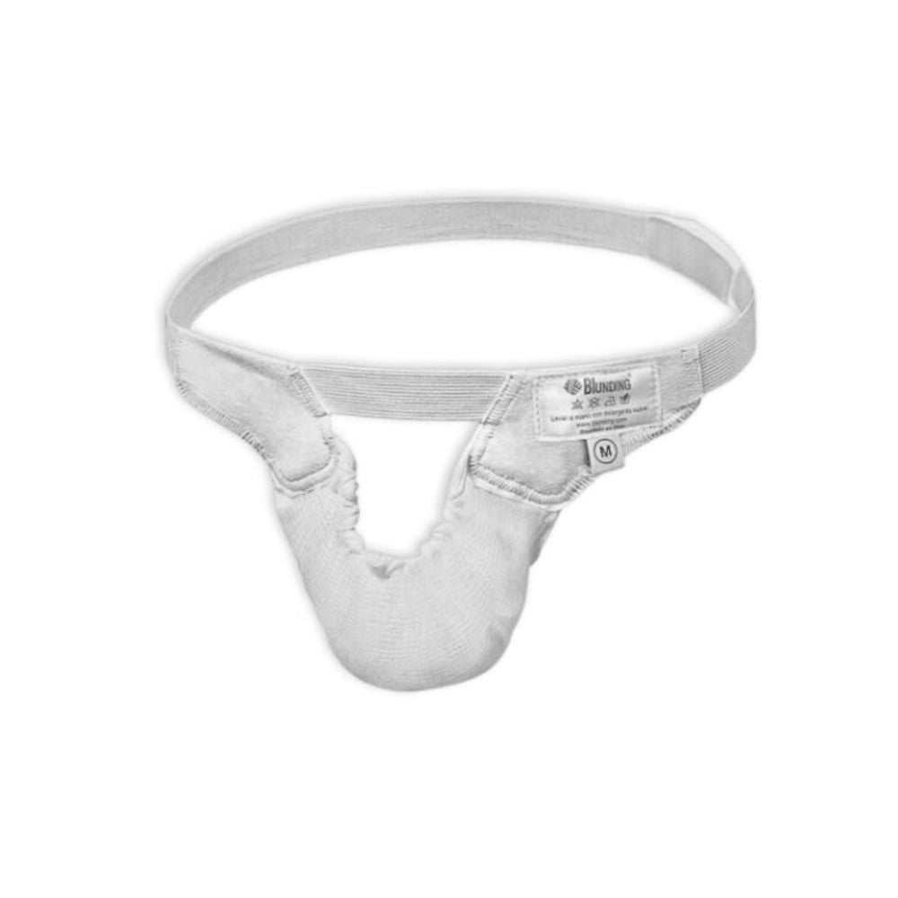 Suspensor escrotal Blunding con banda elástica gris y etiqueta M