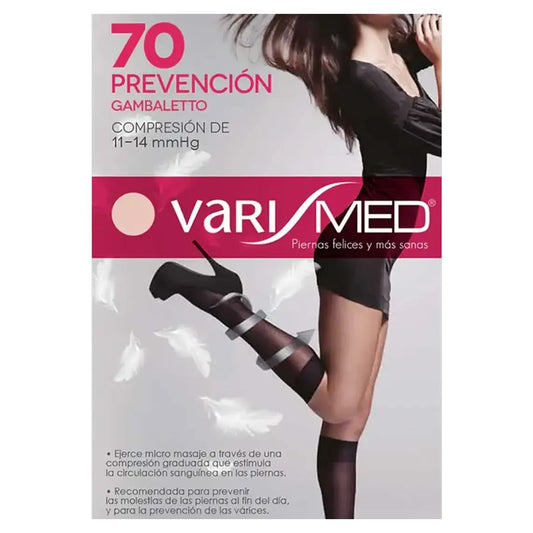 Calceta Varimed de compresión 11-14 mmHg, color oscuro, hasta la pantorrilla.