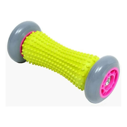 Rodillo para pies de 17 cm con mango verde y ruedas grises, inserto rosa