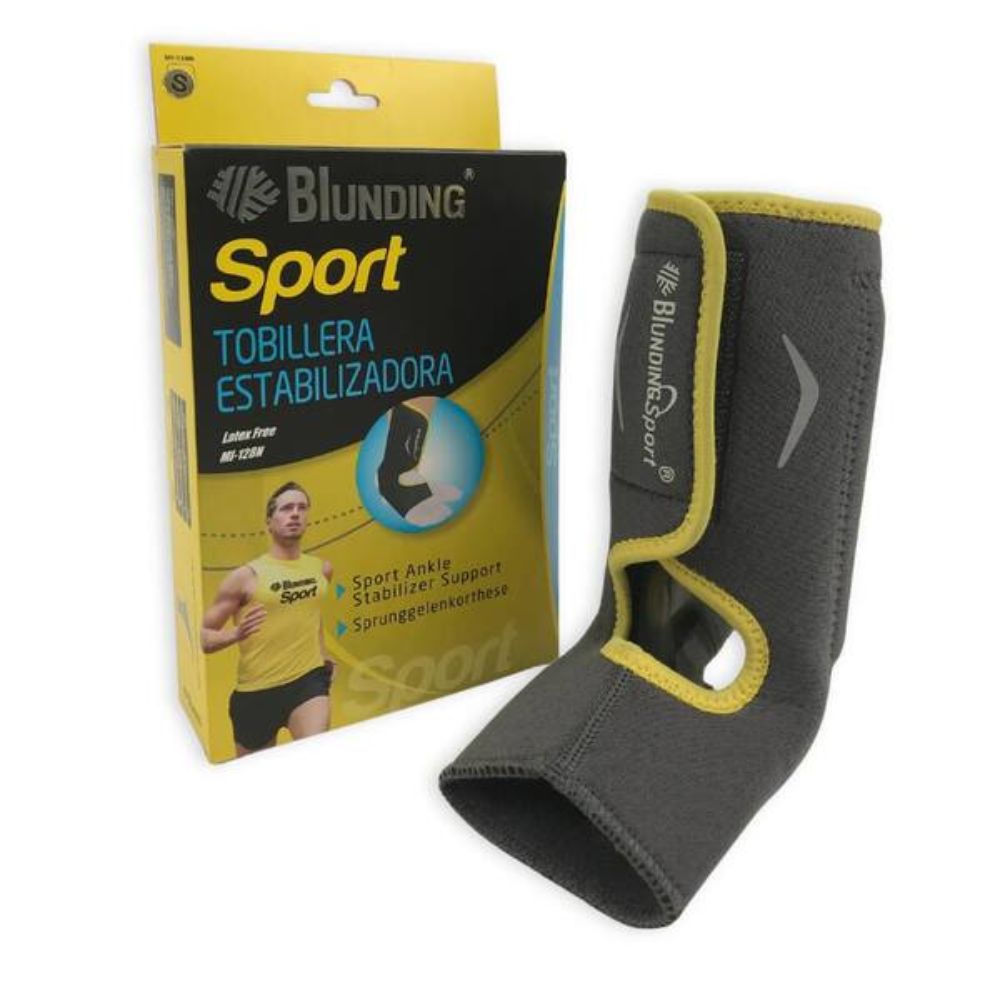 Tobillera estabilizadora Sport MI-128, tejido gris oscuro con borde amarillo y abertura para el talón