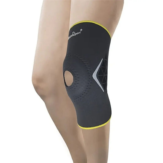 Rodillera Sport MI-61 Blunding: rodillera negra con borde amarillo y diseño ventilado.