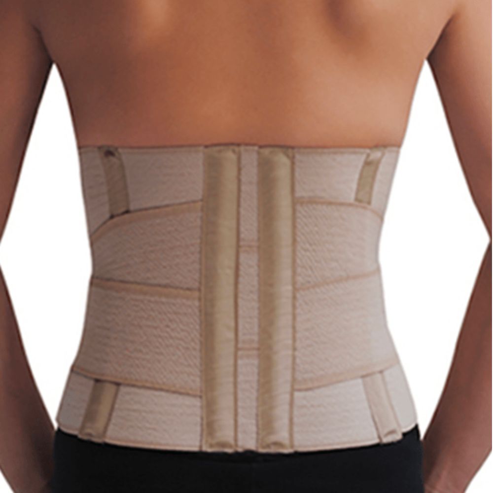 Faja sacro lumbar beige con paneles de refuerzo y cierre frontal