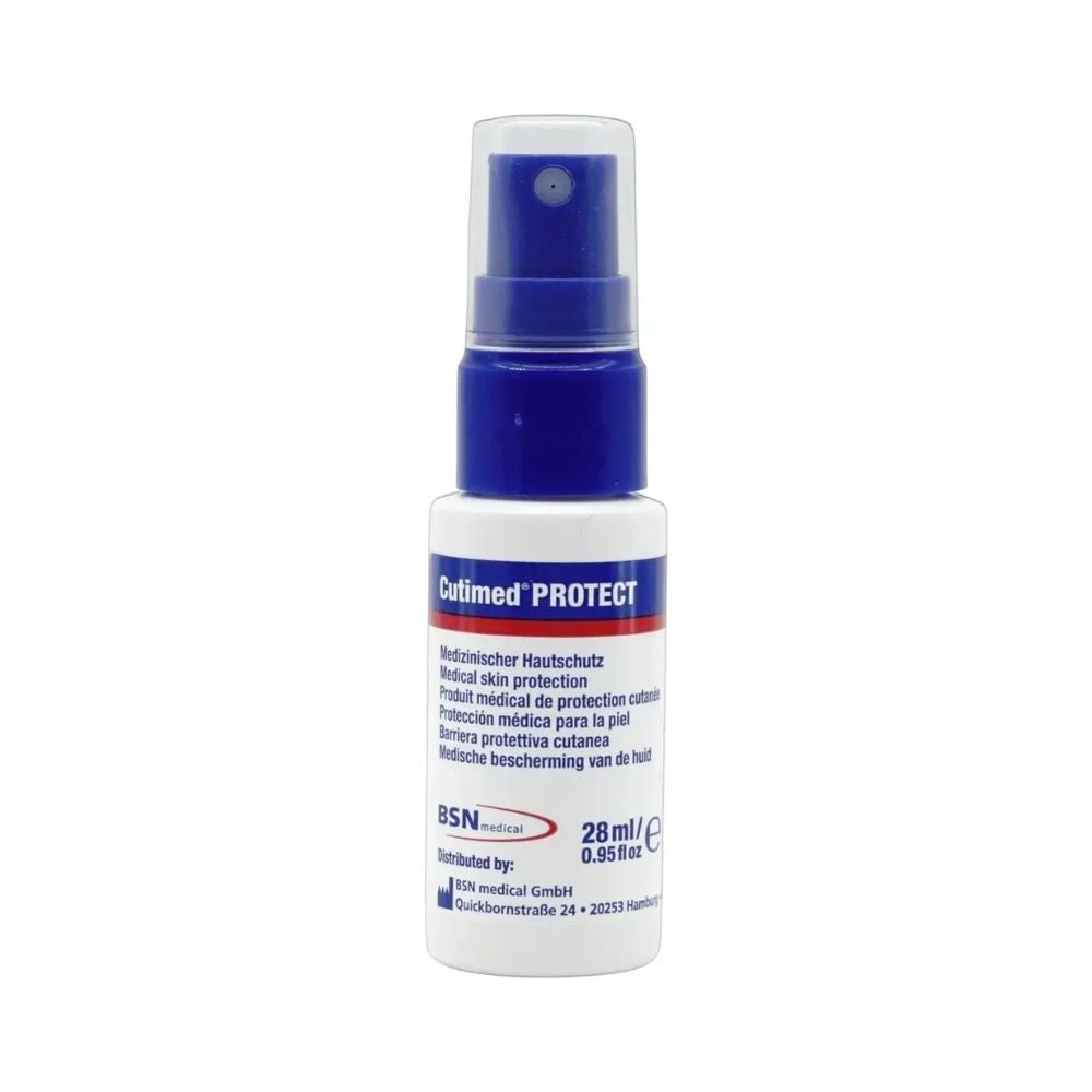 Cutimed Protect Spray 28 ml: blauer Sprühkopf auf weißer Schutzspray-Flasche