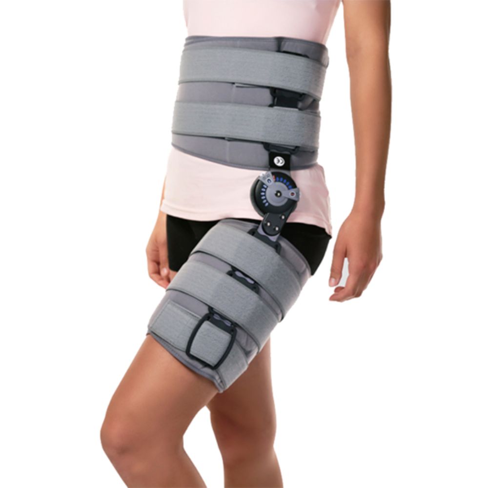 Ortesis de cadera gris con correas y soporte articulado