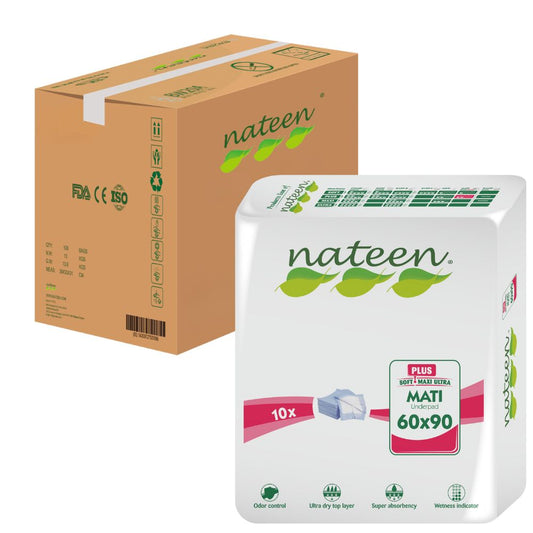 Pañales Nateen Plus 60x90 en caja, con indicador de bienestar.