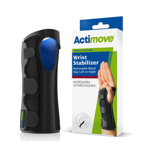 Muñequera estabilizadora de muñeca Actimove, negra, con refuerzos y correas.