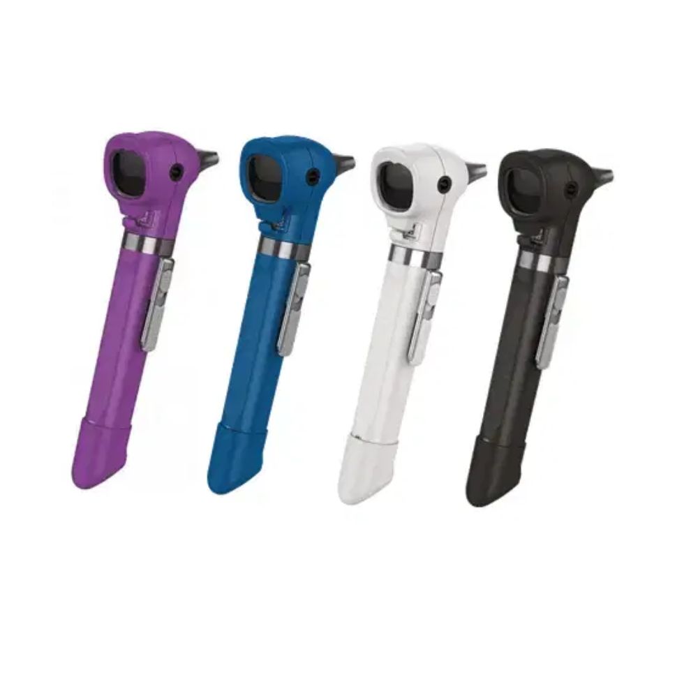 Oto-oftalmoscopio LED de bolsillo en colores morado, azul, blanco y negro.