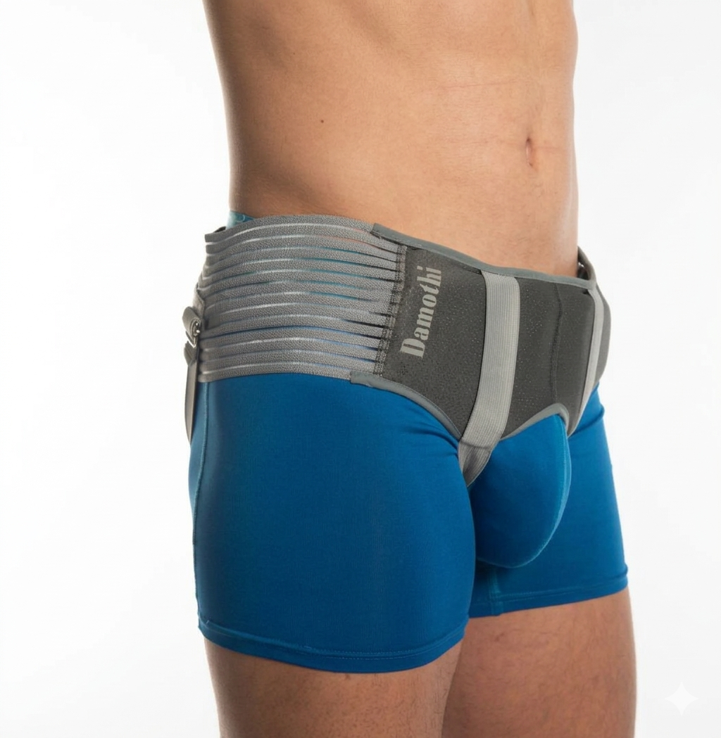 Braguero para hernia inguinal con banda gris ajustable sobre shorts azules.