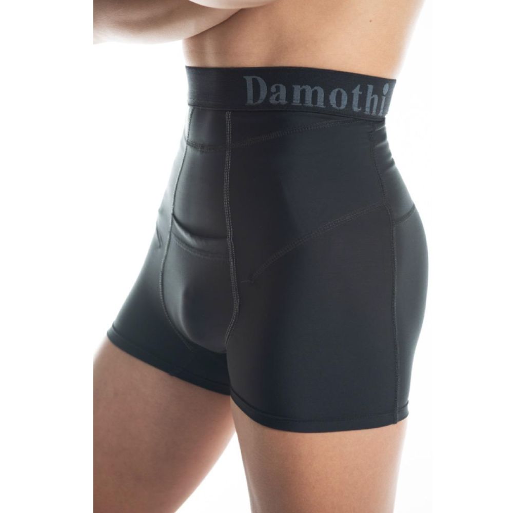 Black boxer briefs with contoured front pouch and elastic waistband