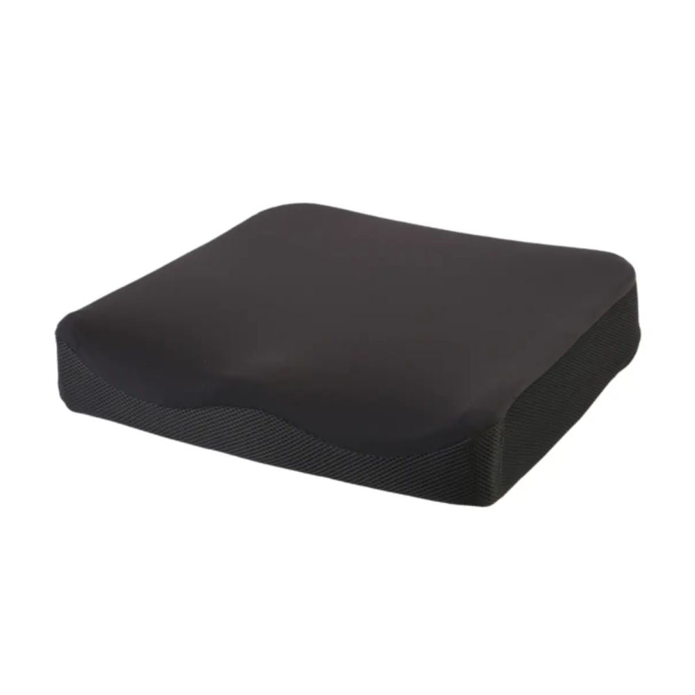 Cojín viscoelástico rectangular negro con borde textil y superficie lisa