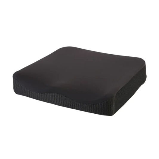 Cojín viscoelástico rectangular negro con borde textil y superficie lisa