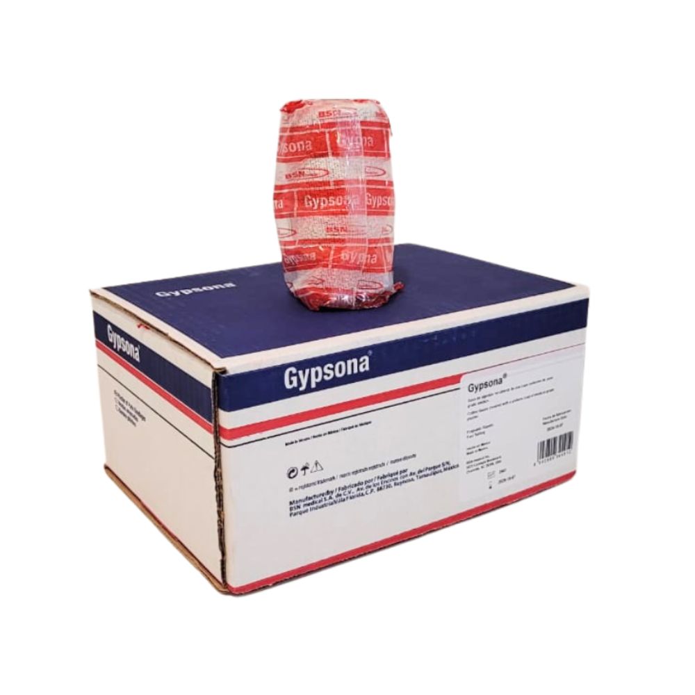 Caja Gypsona con venda de yeso enrollada encima, envoltorio rojo y transparente