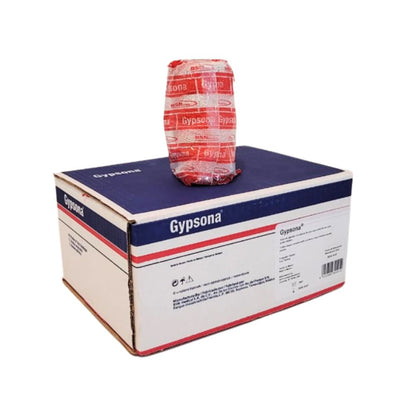 Caja Gypsona con venda de yeso enrollada encima, envoltorio rojo y transparente