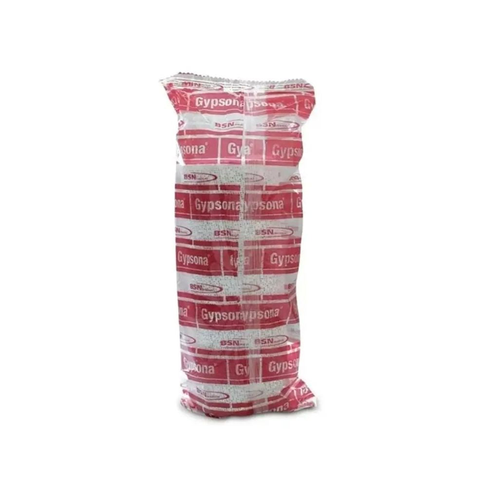 Venda de yeso Gypsona, rollo dentro de bolsa plástica con logos rojos