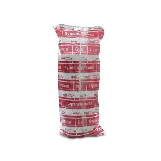 Venda de yeso Gypsona, rollo dentro de bolsa plástica con logos rojos