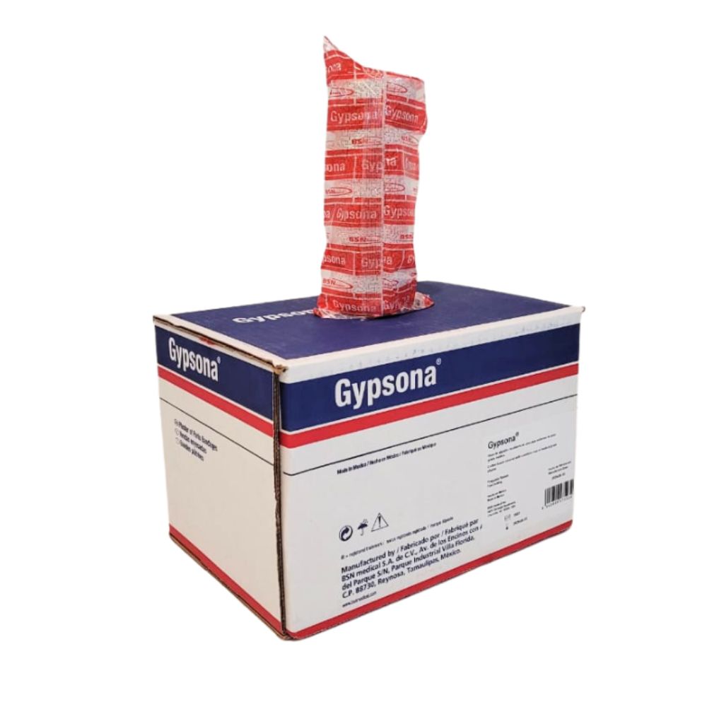 Venda de yeso Gypsona sobre caja, paquete enrollado con cinta roja y blanca