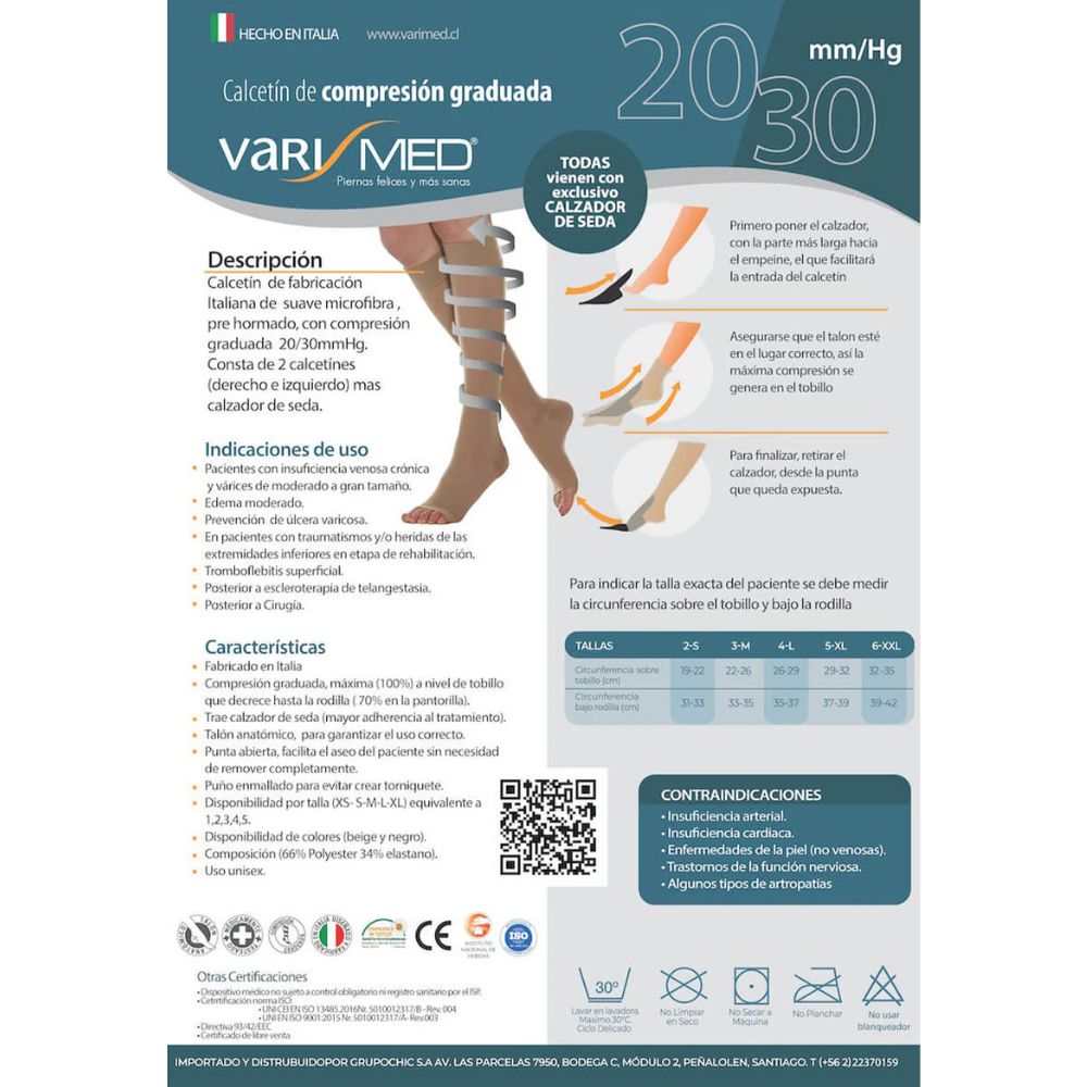 Calcetín de compresión graduada 20-30 mmHg con tabla de tallas y uso