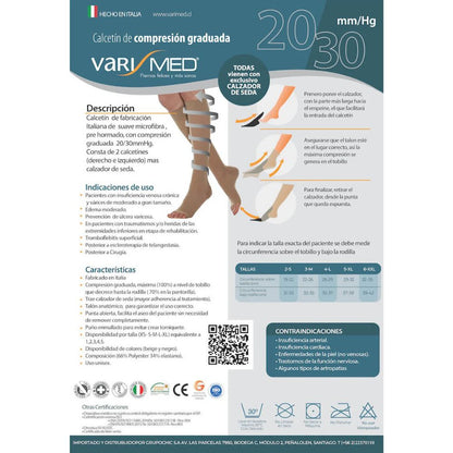 Calcetín de compresión graduada 20-30 mmHg con tabla de tallas y uso