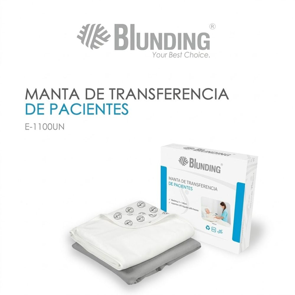 Manta de transferencia de pacientes E-1100UN, plegada con funda blanca y soporte gris