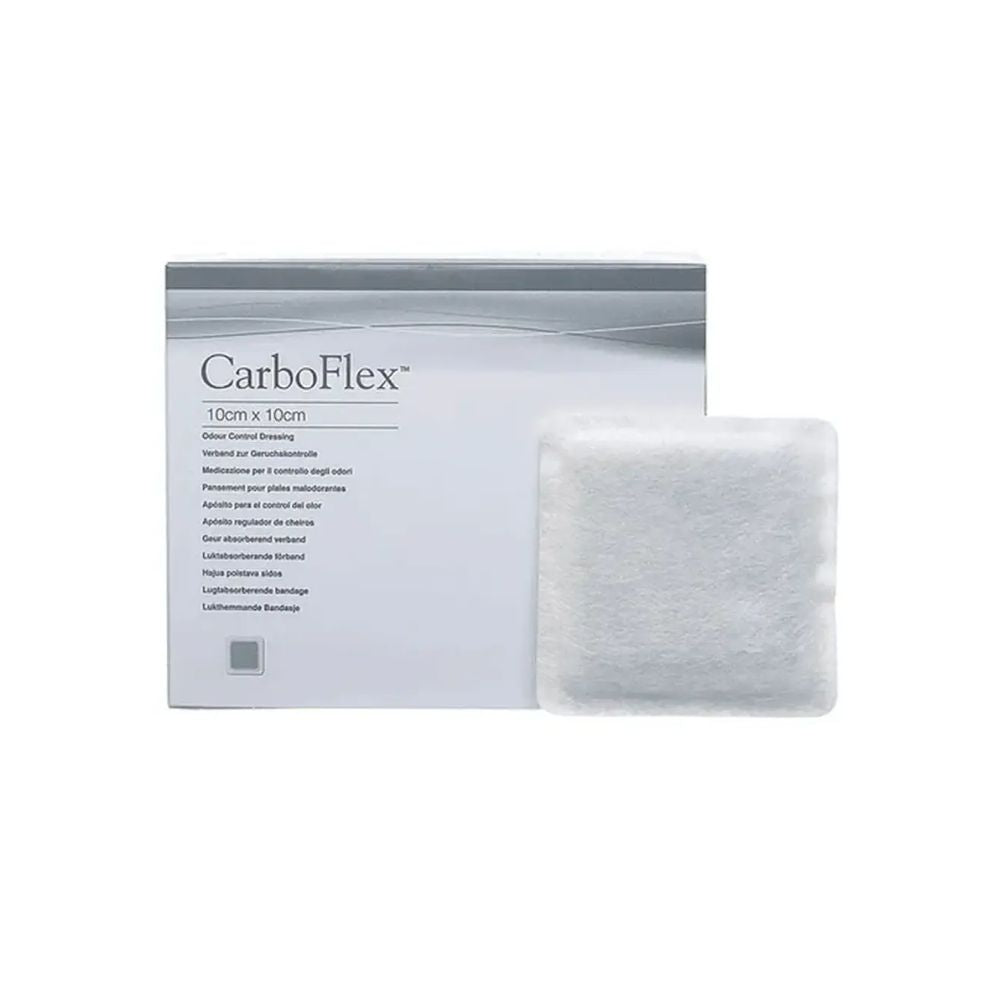 Aposito Carboflex 10x10 cm; apósito rectangular blanco y caja