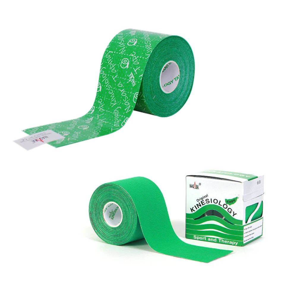 Rollo de cinta kinesio verde con caja verde y logotipo visible.