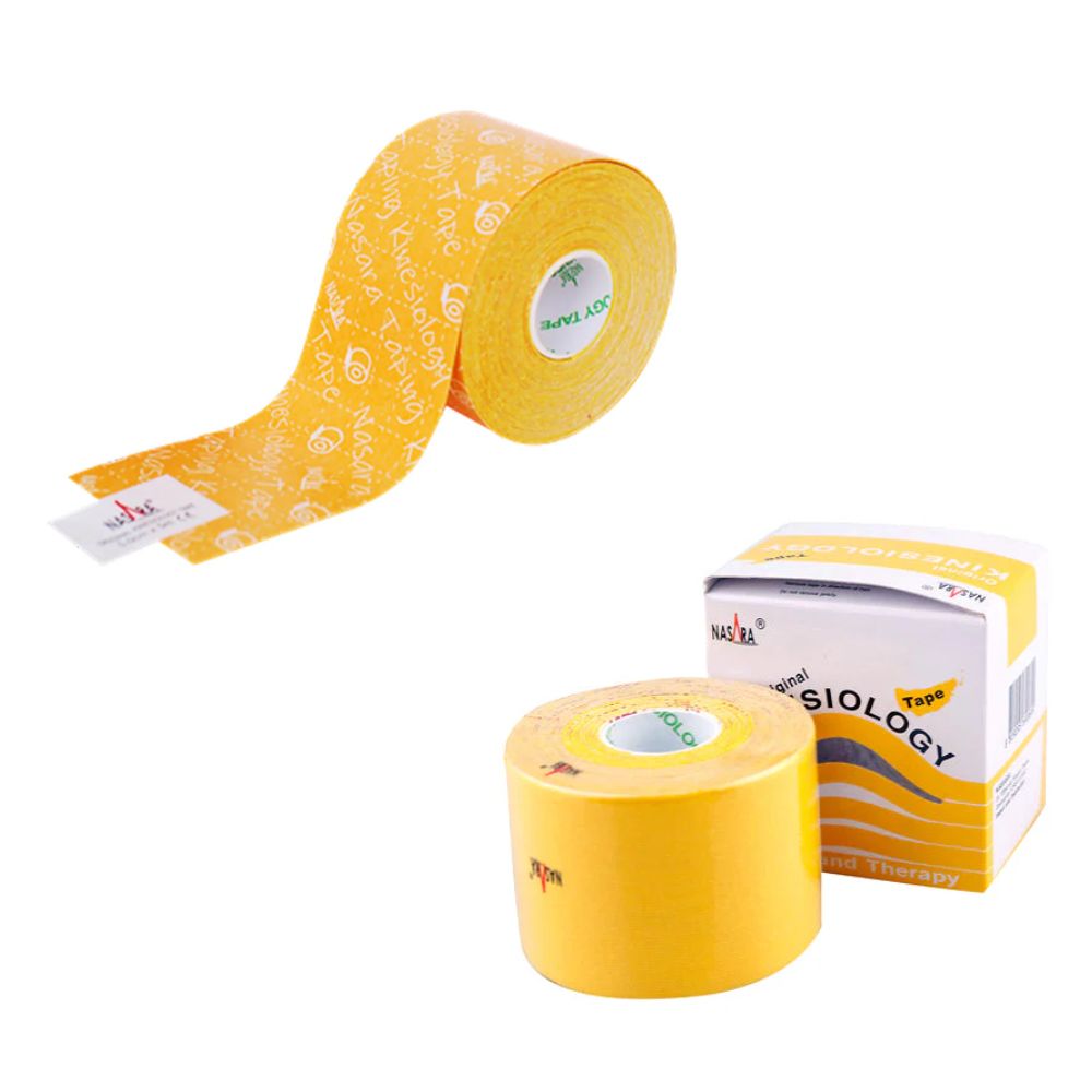 Cinta kinesiotape amarilla 5 m x 5 cm, rollo y tira adhesiva