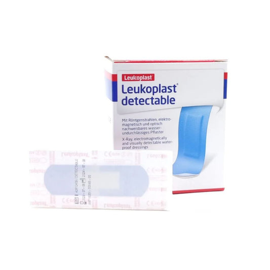 Parche curita detectable azul Leukoplast, 2.2 x 7.2 cm; parche y caja