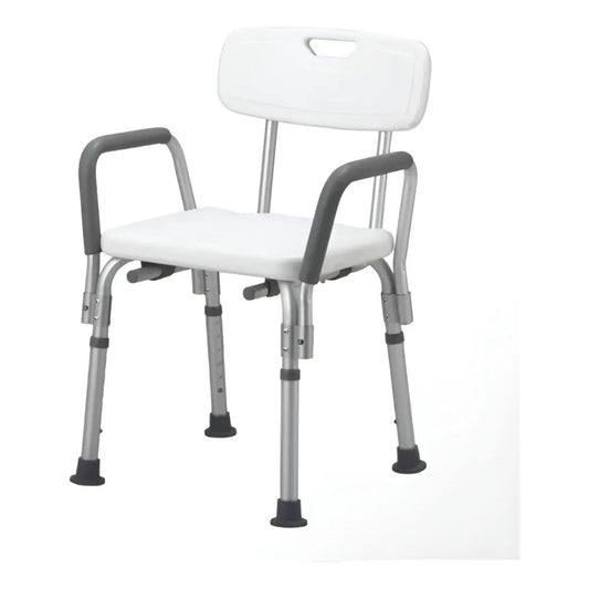 Silla de ducha con respaldo y apoya brazos, asiento acolchado blanco y estructura gris