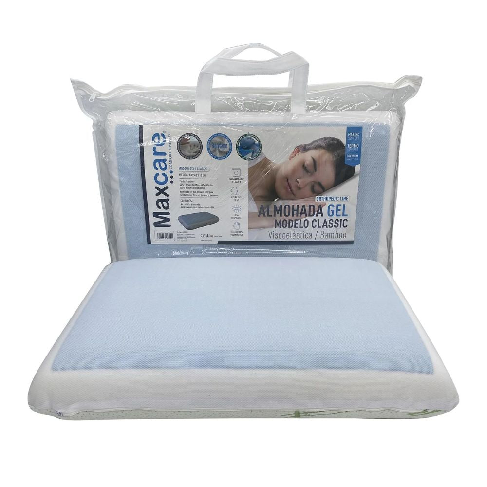 Almohada viscoelástica con gel y bambú, funda azul claro, tamaño 60 cm