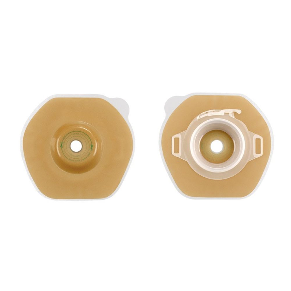 Placa de colostomía Proxima beige con apertura circular y anillo interior visible