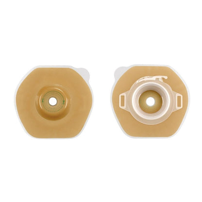 Placa de colostomía Proxima beige con apertura circular y anillo interior visible