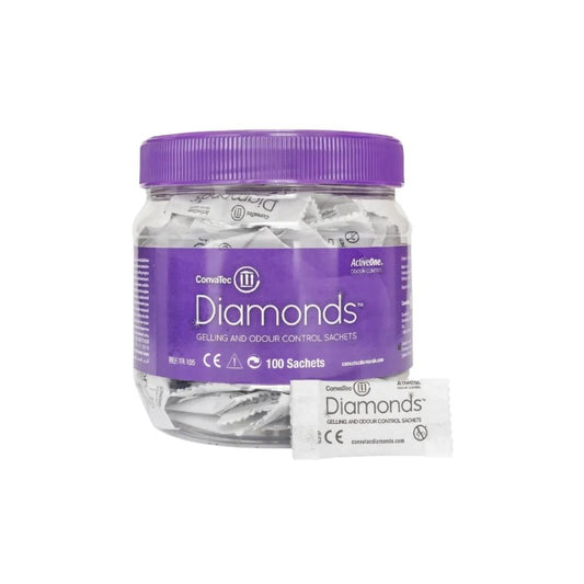 Bolsas gelificantes antiolor Diamonds en frasco con tapa morada y 100 sobres