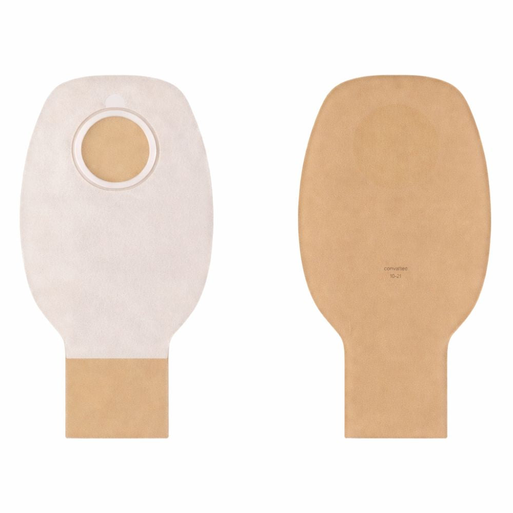 Bolsa de colostomía con disco adhesivo y abertura 80 mm; vista frontal y posterior