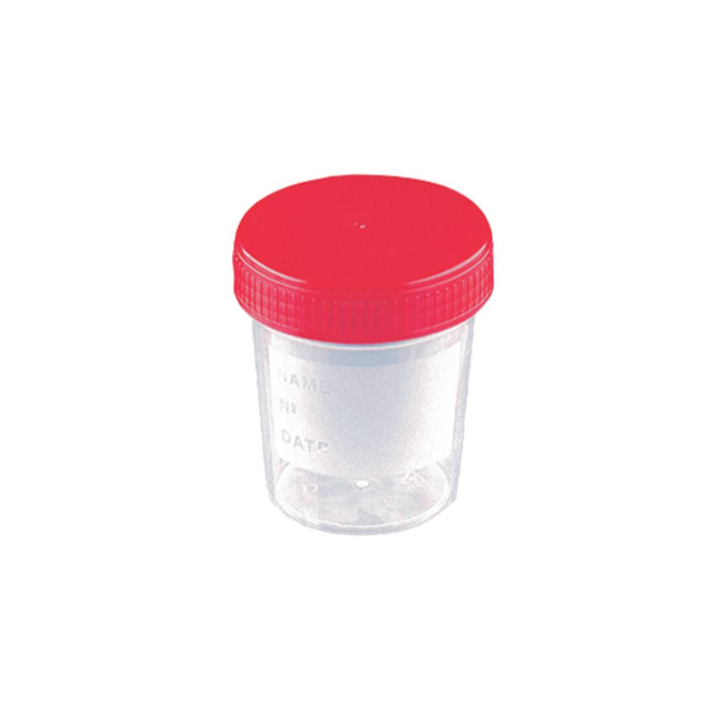 Frasco muestra de orina con tapa roja, capacidad 100–120 cc.
