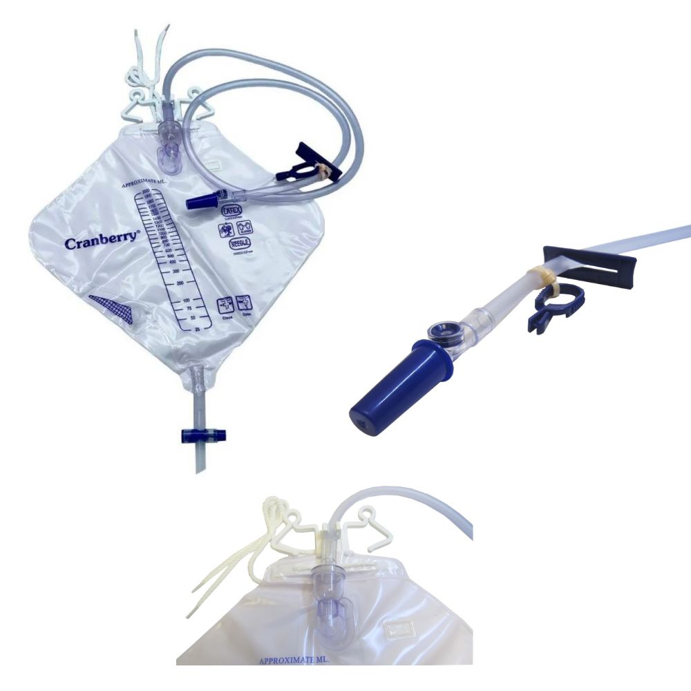 Recolector de orina adulto con bolsa transparente y tubo azul, válvula y conector