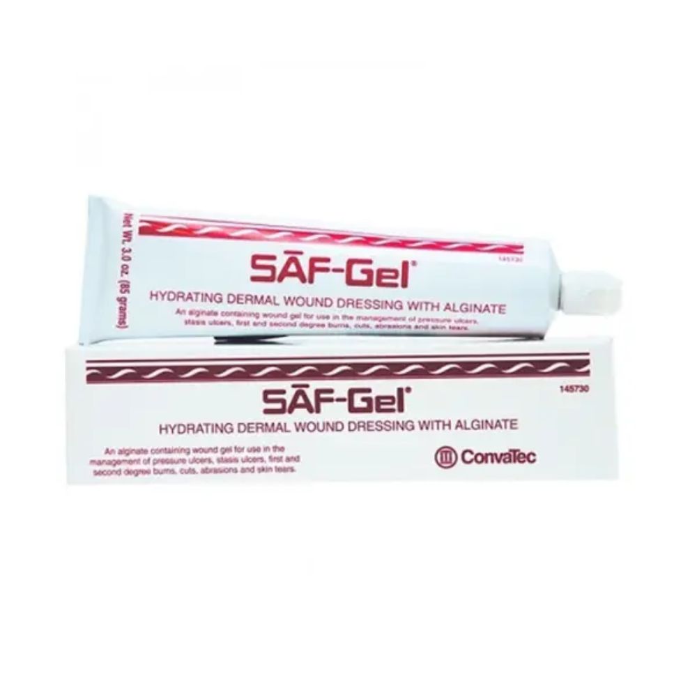 Wound gel dressing tubes with red “SÄF-Gel” branding; white packaging