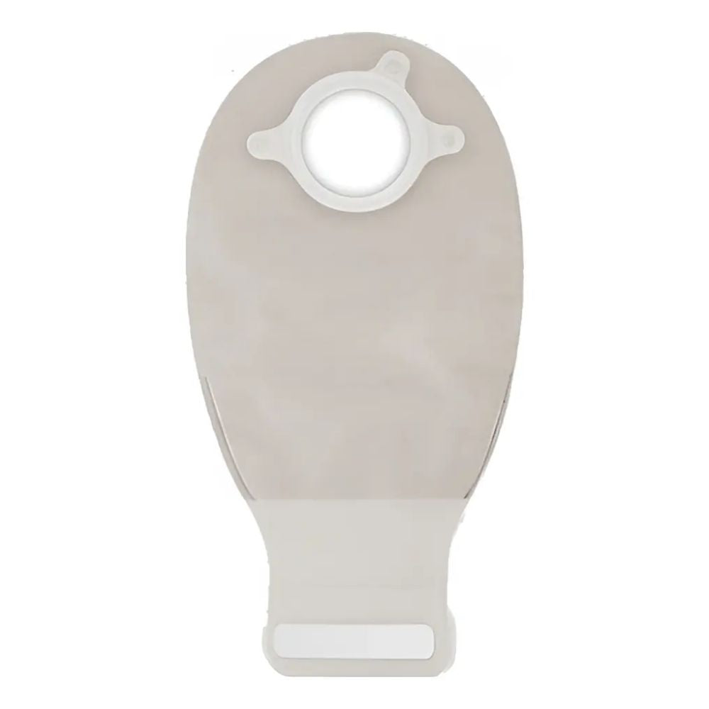 Bolsa de ostomía drenable transparente natural con anillo central y borde de fijación