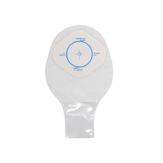 Bolsa ostomía pediátrica drenable transparente 1 pieza; placa oval beige con anillo azul