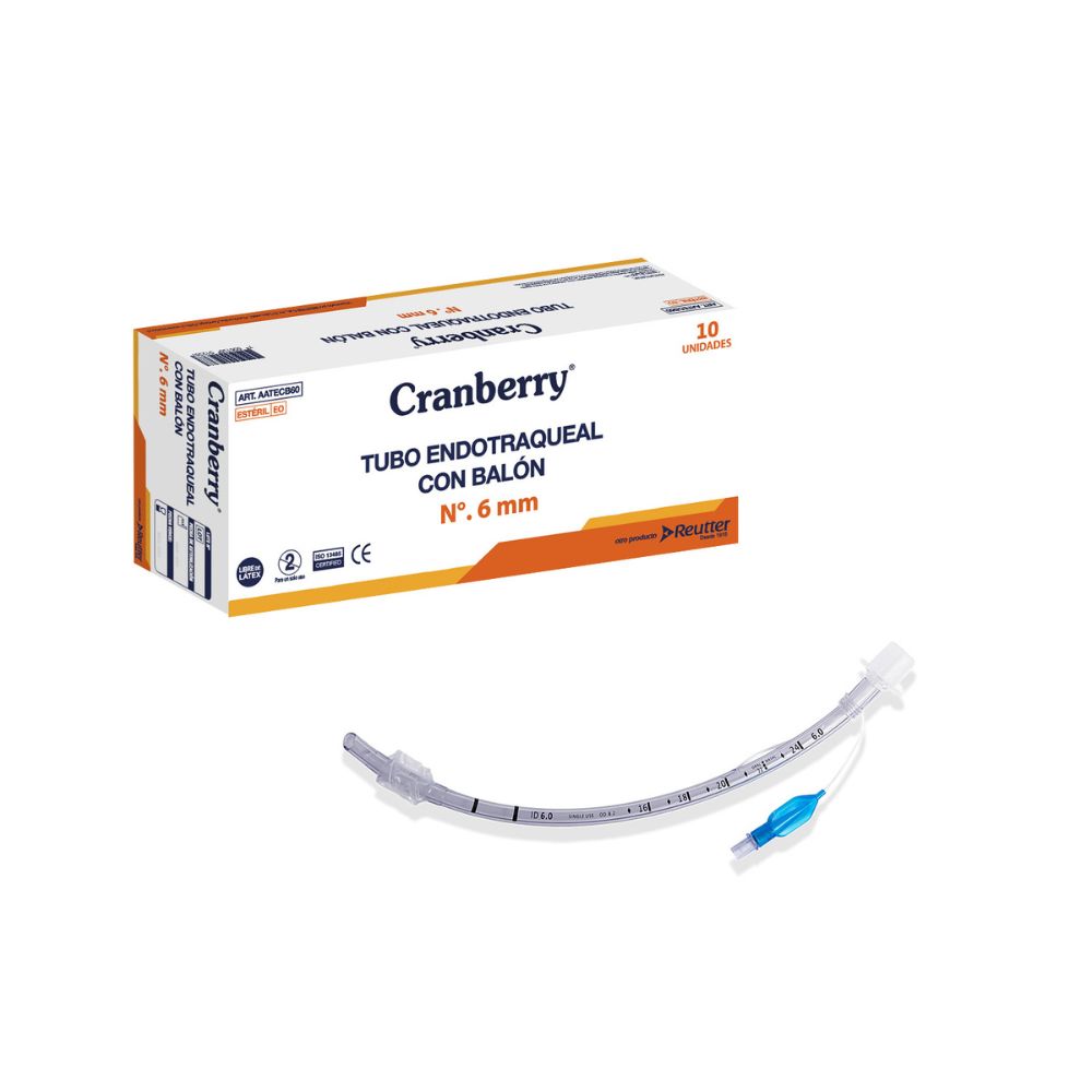 Tubo endotraqueal con balón Nº 6 mm, curvado transparente con balón y conector azul