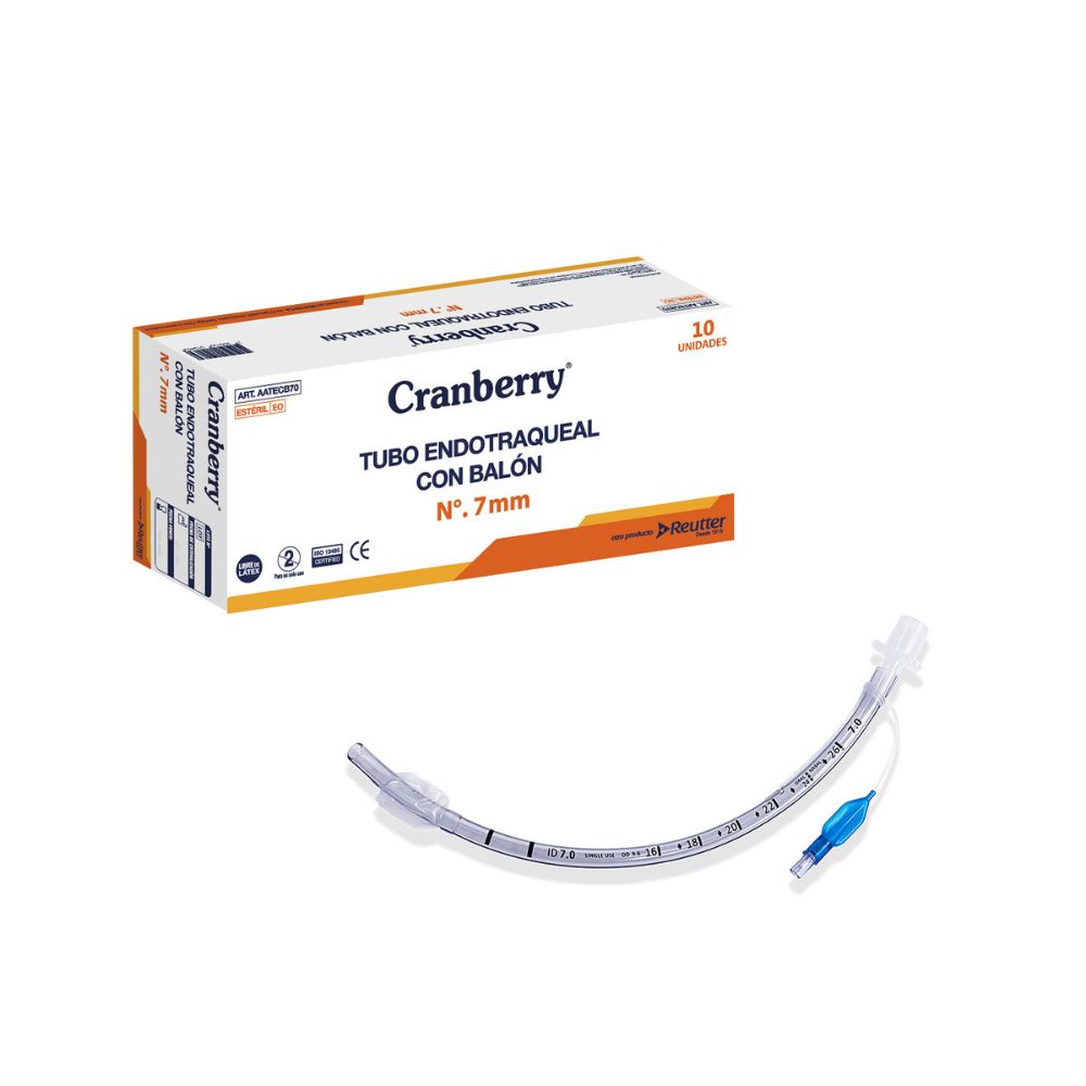Tubo endotraqueal con balón Nº 7 mm, curvado transparente con marcas y conector azul