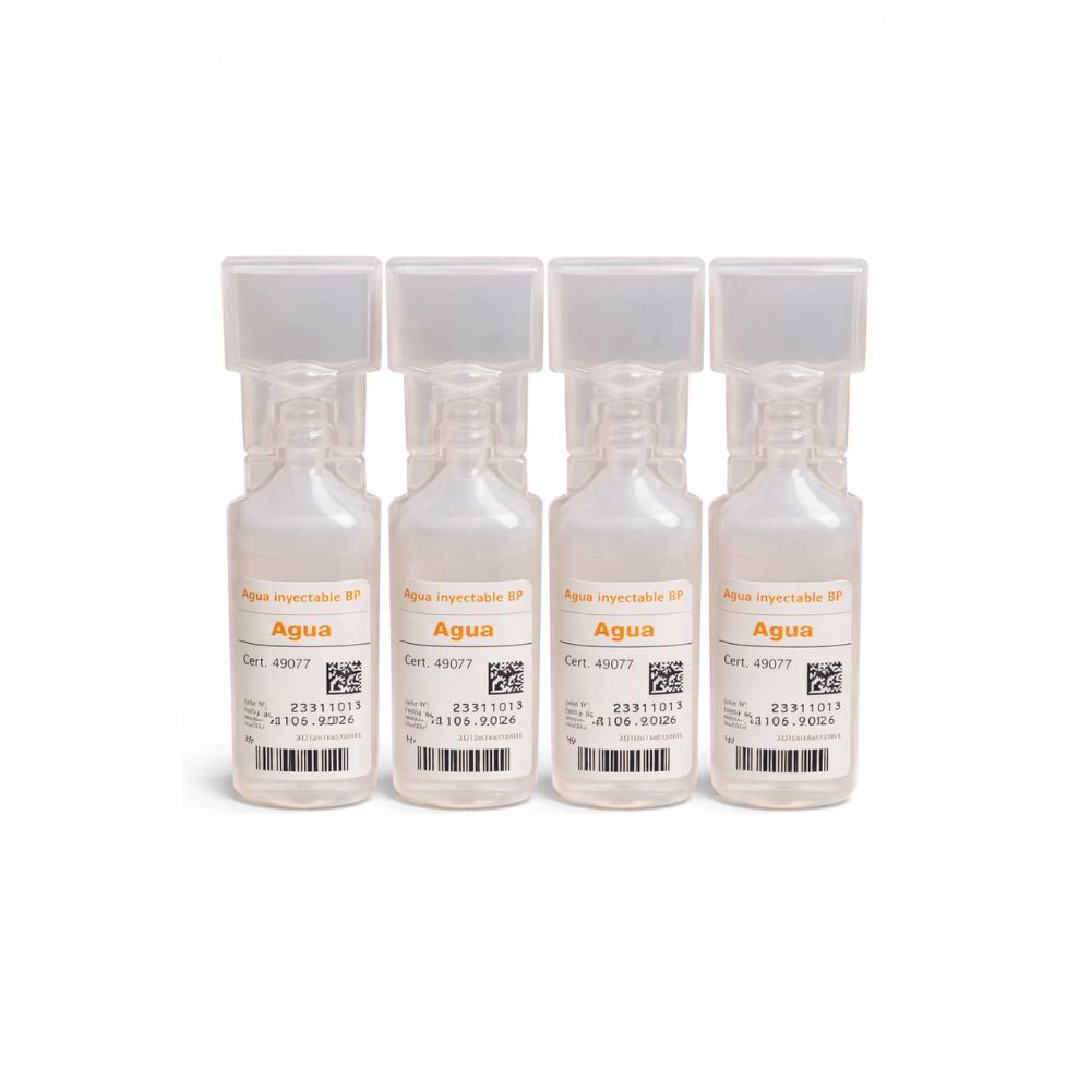 Cuatro frascos de agua inyectable BP con tapa transparente, etiquetas frontales