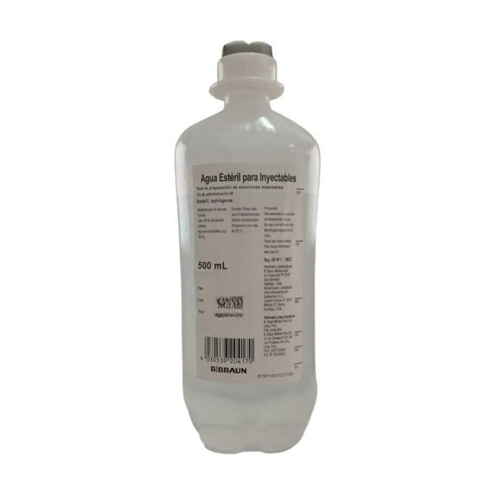 Frasco de agua estéril para inyectables 500 mL con etiqueta frontal