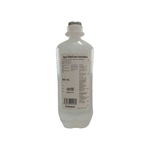 Agua estéril para inyectables en frasco de 500 mL, etiqueta lateral legible